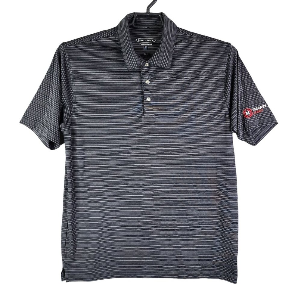 Mens Pebble Beach Performance Polo Shirt Black & Gray Striped Short Sleeve L